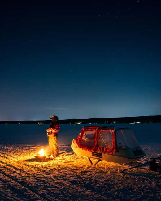 Northern Lights Tour Sleigh Ride - The teepee campfire stop, BBQ snacks, and hot blueberry juice