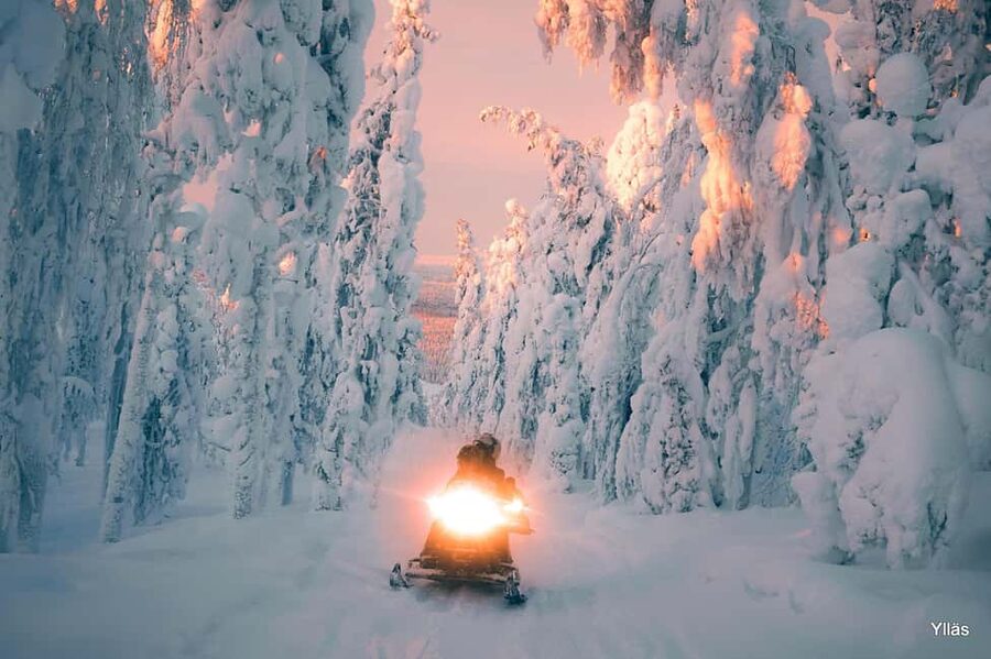 Ylläs:Snowmobile safari to forest kota with a family company - Snowmobile Riding to a Kota Stop in Ylläs